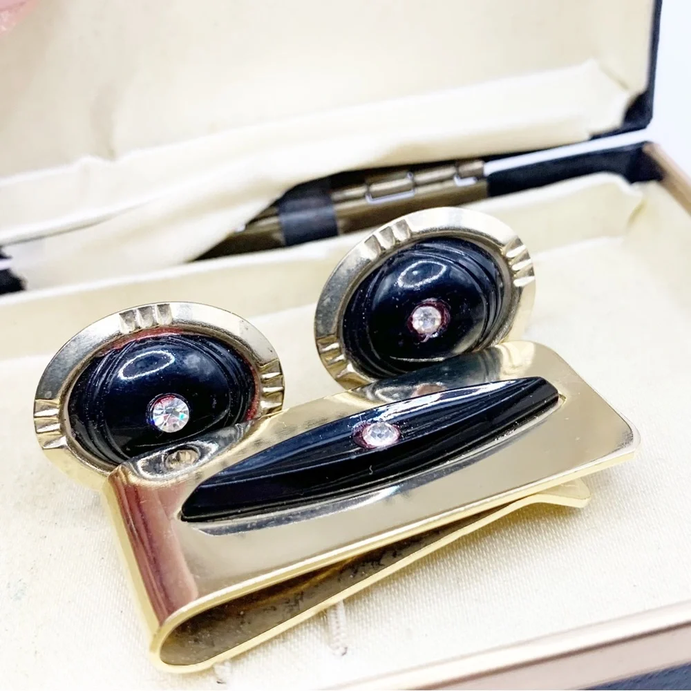 Vtg Versailles gold and black acrylic rhinestone MCM cuff links and clip